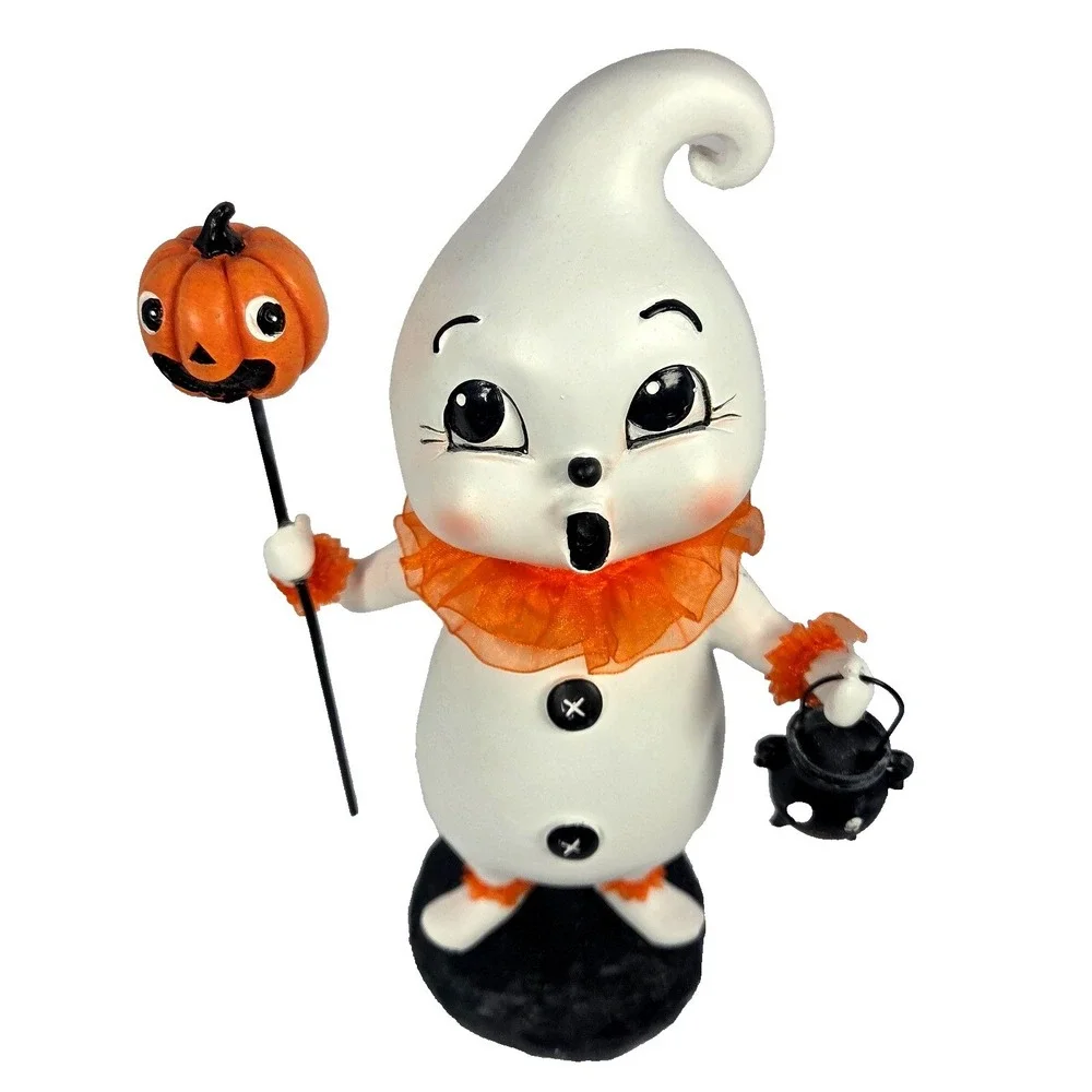 Nostalgic Halloween Ghost Figurine Pumpkin Cauldron 12 Inch Retro Decor